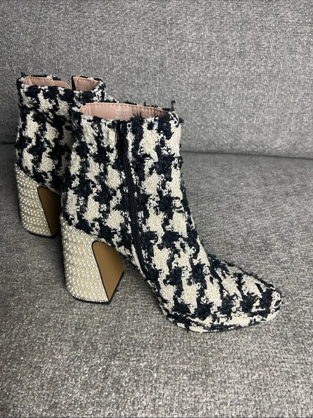 Betsey Johnson  Black & White size 6 Houndstooth Ankle Boots Embellished Heel